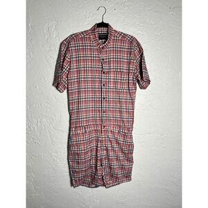 RomperJack Mens XL Pink Blue Plaid Short Sleeve Romper Mandarin Collar One Piece